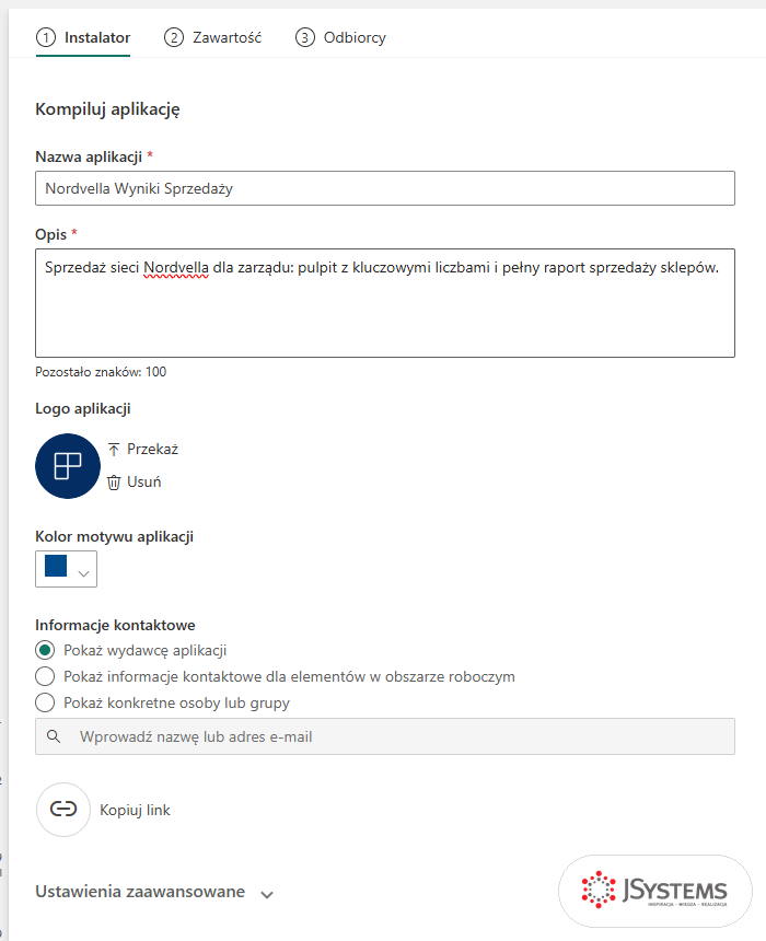 Kreator aplikacji w usłudze Power BI, krok Instalator: nazwa Nordvella Wyniki Sprzedaży, opis, logo, kolor motywu i informacje kontaktowe