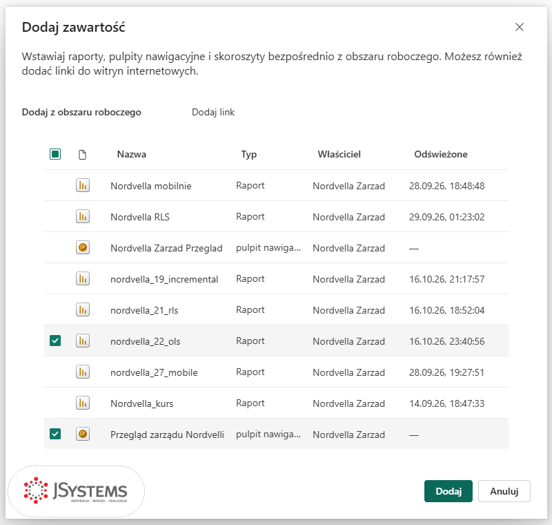 Okno Dodaj zawartość w kreatorze aplikacji: lista elementów obszaru Nordvella Zarzad z zaznaczonym raportem nordvella_22_ols i pulpitem Przegląd zarządu Nordvelli