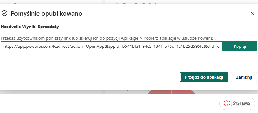 Okno Pomyślnie opublikowano z linkiem do aplikacji, przyciskiem Kopiuj i przyciskiem Przejdź do aplikacji