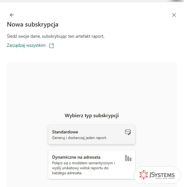 Panel Nowa subskrypcja w usłudze Power BI z wyborem typu: Standardowe oraz Dynamiczne na adresata