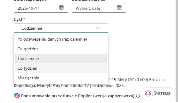 Lista Cykl w formularzu subskrypcji: Po odświeżeniu danych (raz dziennie), Co godzinę, Codziennie, Co tydzień, Miesięcznie