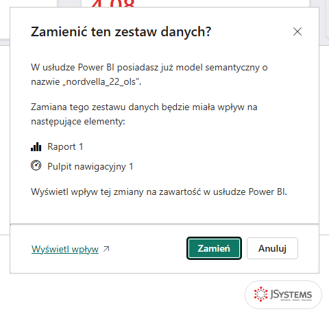 Okno Power BI Desktop Zamienić ten zestaw danych? przy ponownej publikacji modelu nordvella_22_ols z listą zależnych elementów