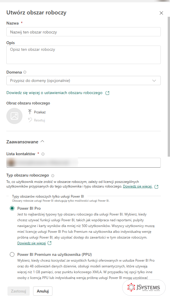 Panel Utwórz obszar roboczy w usłudze Power BI: pola Nazwa, Opis, Domena, obraz obszaru, lista kontaktów i typ obszaru Power BI Pro