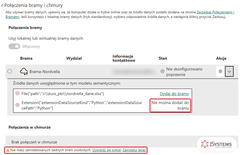 Ustawienia modelu nordvella_22_ols w usłudze Power BI: brama standardowa Brama-Nordvella, źródło File z linkiem Dodaj do bramy i źródło Python z komunikatem Nie można dodać do bramy
