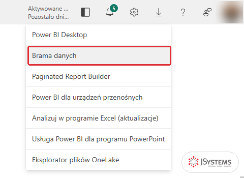 Menu Pobierz w usłudze Power BI z pozycjami Power BI Desktop, Brama danych, Paginated Report Builder i Power BI dla urządzeń przenośnych