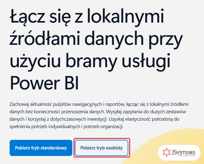 Strona pobierania bramy usługi Power BI z przyciskami Pobierz tryb standardowy i Pobierz tryb osobisty
