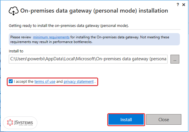 Instalator bramy danych Power BI w trybie osobistym: folder instalacji w profilu użytkownika, zaznaczona zgoda na warunki i przycisk Install