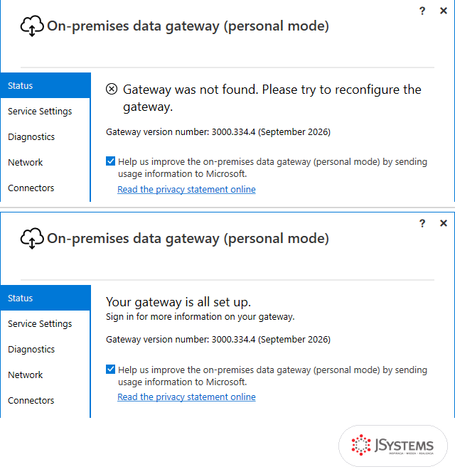 Aplikacja bramy danych w trybie osobistym: komunikat Gateway was not found tuż po logowaniu i Your gateway is all set up po ponownym uruchomieniu, wersja 3000.334.4