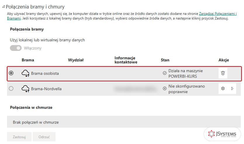 Sekcja Połączenia bramy i chmury: Brama osobista ze stanem Działa na maszynie POWERBI-KURS i brama Brama-Nordvella
