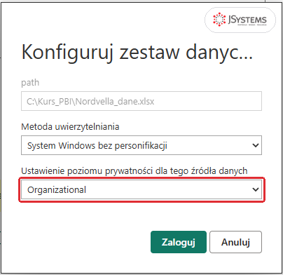 Okno Konfiguruj zestaw danych nordvella_22_ols dla pliku C:\Kurs_PBI\Nordvella_dane.xlsx: metoda System Windows bez personifikacji i poziom prywatności Organizational