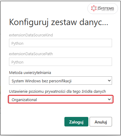 Okno Konfiguruj zestaw danych dla źródła Python w usłudze Power BI: extensionDataSourceKind Python, metoda System Windows bez personifikacji, poziom prywatności Organizational