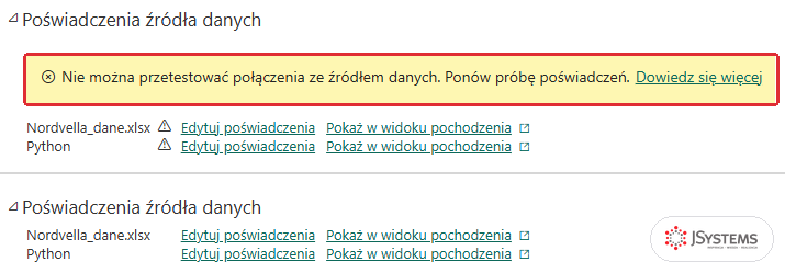 Sekcja Poświadczenia źródła danych przed i po ustawieniu poświadczeń: ostrzeżenie Nie można przetestować połączenia i ten sam widok bez ostrzeżeń