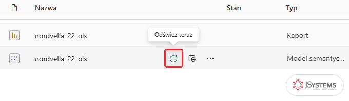 Lista obszaru roboczego Nordvella Zarzad: ikona Odśwież teraz przy modelu semantycznym nordvella_22_ols z podpowiedzią