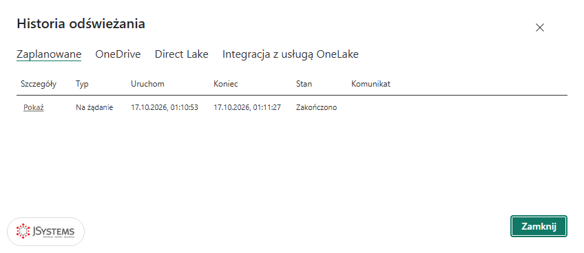 Okno Historia odświeżania modelu nordvella_22_ols: odświeżenie Na żądanie od 01:10:53 do 01:11:27 ze stanem Zakończono
