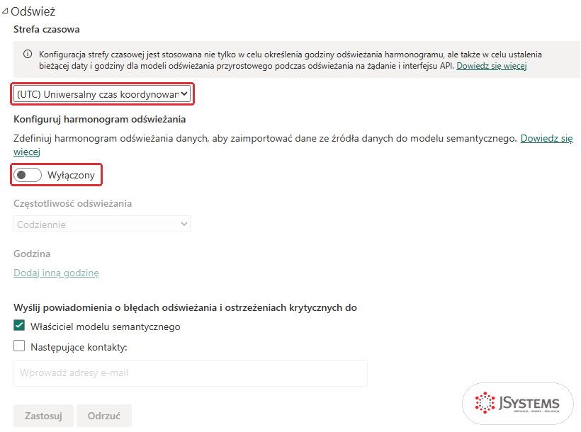 Sekcja Odśwież w ustawieniach modelu semantycznego w usłudze Power BI: strefa czasowa UTC i wyłączony harmonogram odświeżania