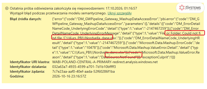 Szczegóły nieudanego odświeżenia modelu nordvella_22_ols: błąd File or Folder Could not find file C:\Kurs_PBI\Nordvella_dane.xlsx i powód DataSource.NotFound