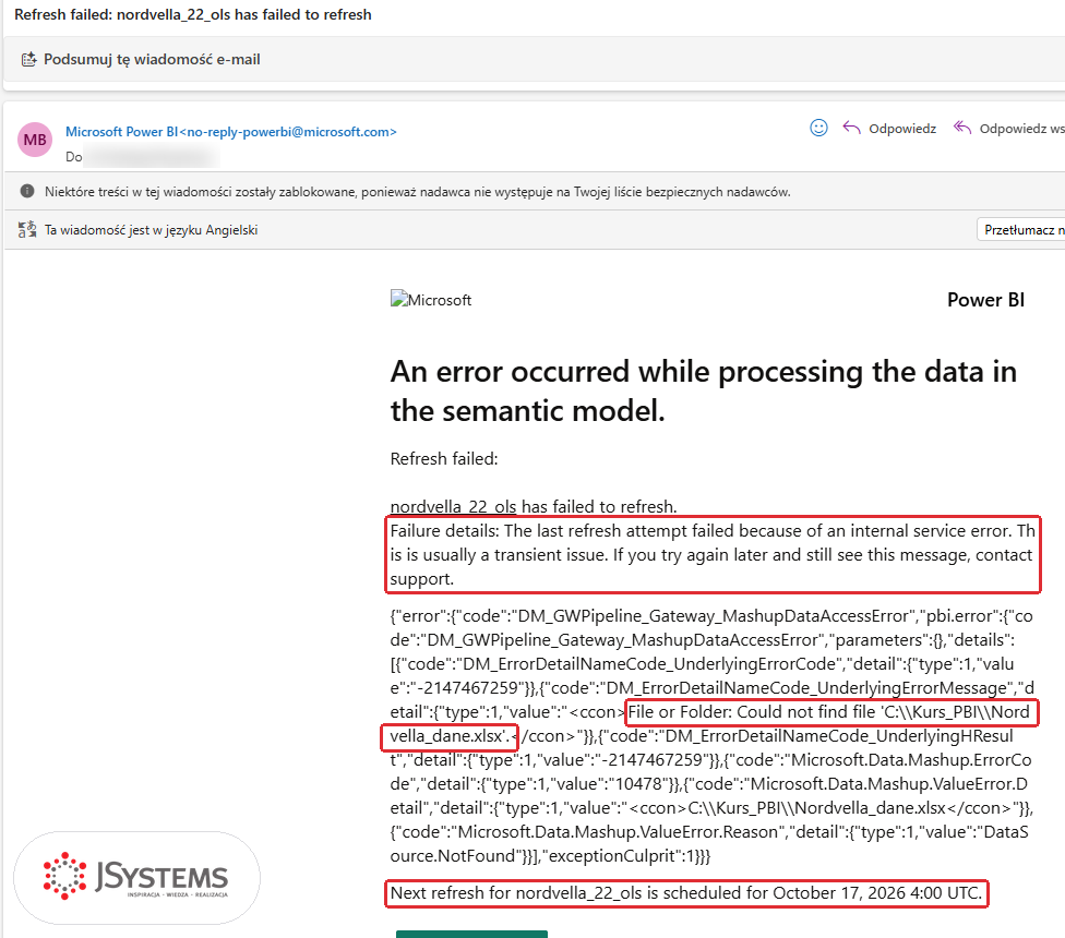 Mail Refresh failed z usługi Power BI o nieudanym odświeżeniu modelu nordvella_22_ols: zdanie o błędzie wewnętrznym usługi i JSON z Could not find file