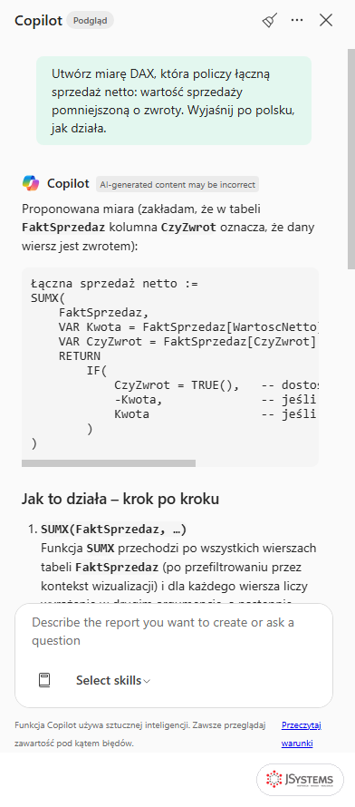 Panel Copilota w Power BI Desktop z poleceniem po polsku i odpowiedzią zawierającą gotowy kod miary DAX