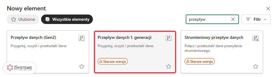 Panel Nowy element w usłudze Power BI z kafelkami Przepływ danych Gen2, Przepływ danych 1. generacji i Strumieniowy przepływ danych