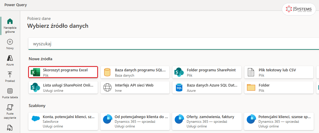 Power Query online w usłudze Power BI: okno Wybierz źródło danych z kafelkami Skoroszyt programu Excel, Baza danych programu SQL Server i innymi łącznikami