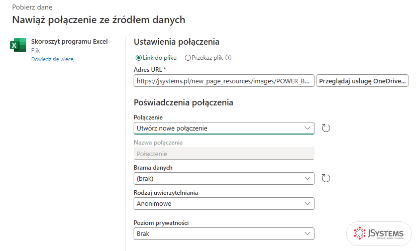 Formularz Nawiąż połączenie ze źródłem danych dla skoroszytu Excel: adres URL arkusza Nordvelli, Utwórz nowe połączenie, brama (brak), uwierzytelnianie Anonimowe
