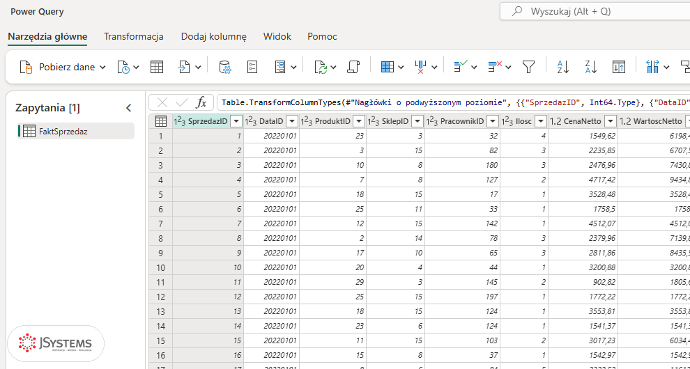 Edytor Power Query online w usłudze Power BI z zapytaniem FaktSprzedaz, paskiem formuły Table.TransformColumnTypes i podglądem danych