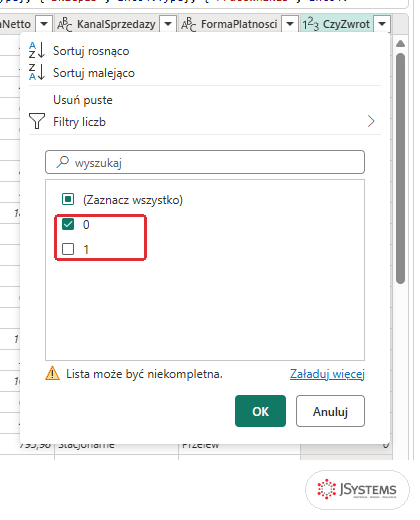 Menu filtra kolumny CzyZwrot w Power Query online: zaznaczona wartość 0 i odznaczona wartość 1