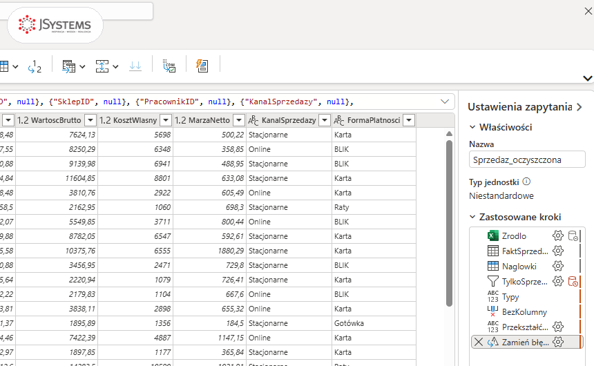 Zastosowane kroki przepływu Nordvella Sprzedaz w Power Query online: Zrodlo, FaktSprzedaz, Naglowki, TylkoSprzedaz, Typy, BezKolumny, Przekształć kolumny, Zamień błędy