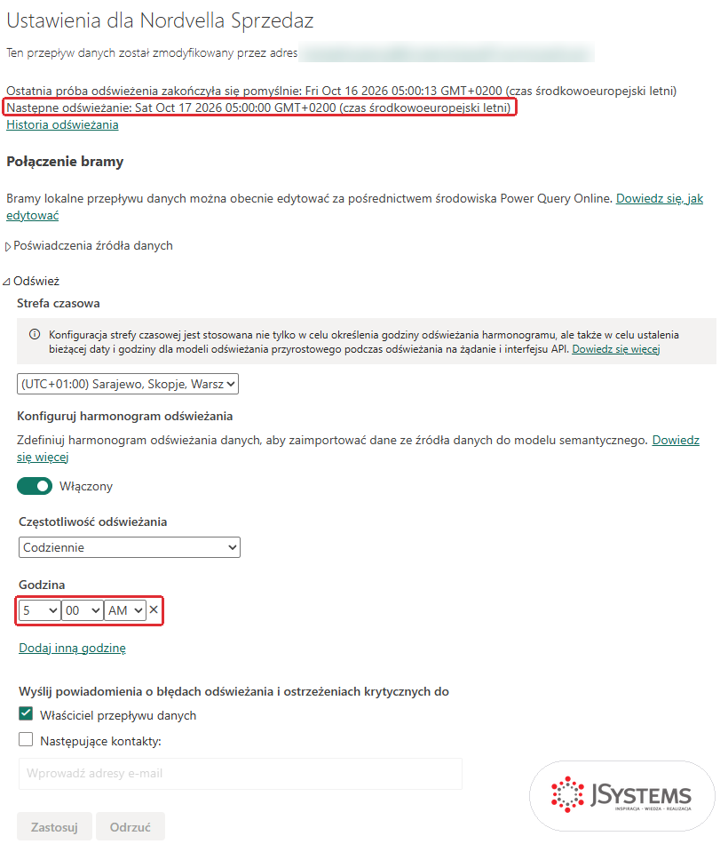 Ustawienia przepływu danych Nordvella Sprzedaz w usłudze Power BI: ostatnie i następne odświeżenie, strefa Warszawa, harmonogram codziennie o 5:00