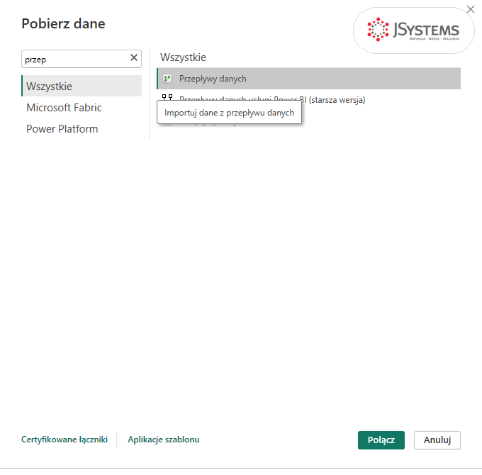 Okno Pobierz dane w Power BI Desktop z wynikami wyszukiwania przep: łącznik Przepływy danych z podpowiedzią Importuj dane z przepływu danych