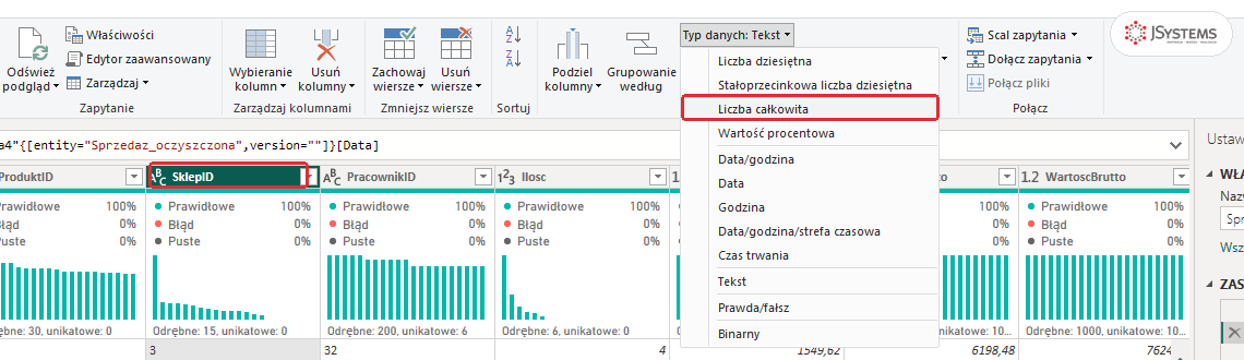 Edytor Power Query w Power BI Desktop: kolumna SklepID z przepływu i lista Typ danych z pozycją Liczba całkowita