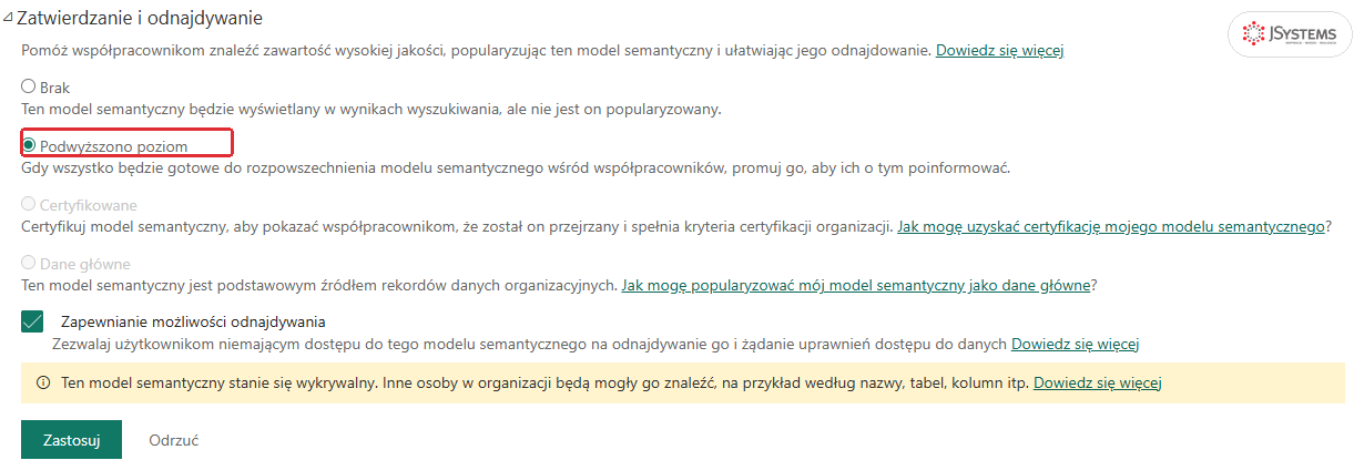 Sekcja Zatwierdzanie i odnajdywanie modelu nordvella_22_ols: zaznaczone Podwyższono poziom, wyszarzone Certyfikowane i Dane główne, Zapewnianie możliwości odnajdywania