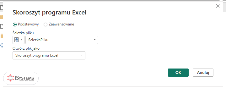 Okno Skoroszyt programu Excel w Power Query: ścieżka pliku ustawiona na parametr SciezkaPliku
