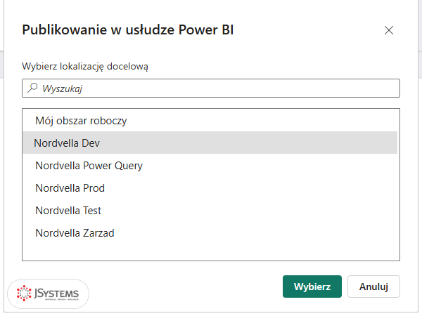 Okno Publikowanie w usłudze Power BI z listą obszarów roboczych i zaznaczonym obszarem Nordvella Dev