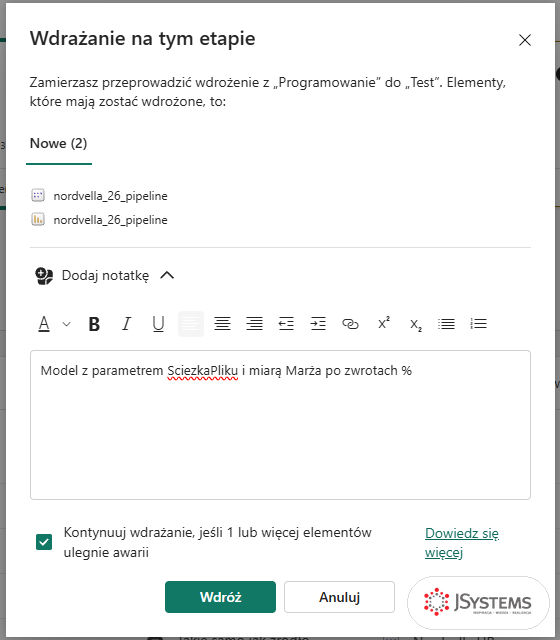 Okno Wdrażanie na tym etapie z Programowania do Testu: Nowe (2), dwa elementy nordvella_26_pipeline i notatka o parametrze SciezkaPliku