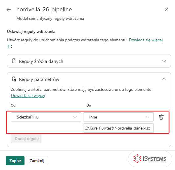 Panel reguł wdrażania modelu nordvella_26_pipeline na etapie Test: reguła parametru SciezkaPliku z wartością C:\Kurs_PBI\test\Nordvella_dane.xlsx