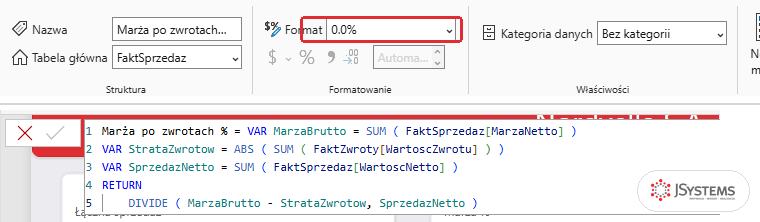 Wstążka Narzędzia miar w Power BI Desktop z formatem 0.0% dla miary Marża po zwrotach % i formułą miary w pasku formuły