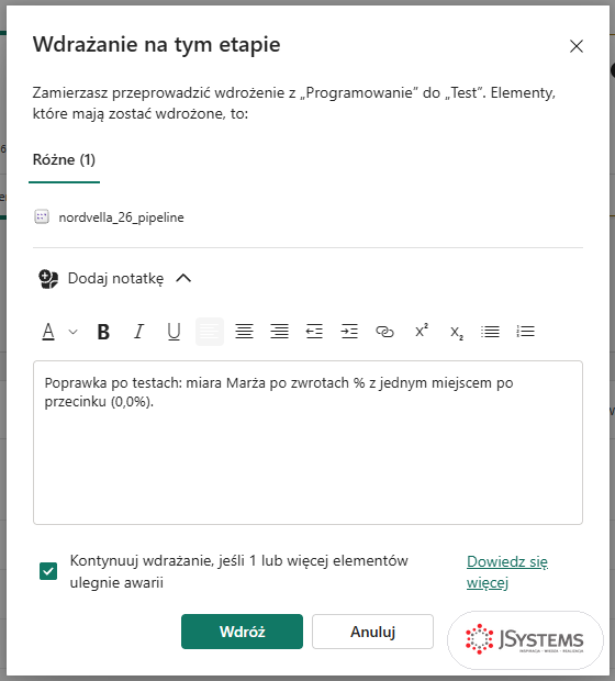 Okno Wdrażanie na tym etapie z Programowania do Testu: Różne (1), model nordvella_26_pipeline i notatka o poprawce formatu miary