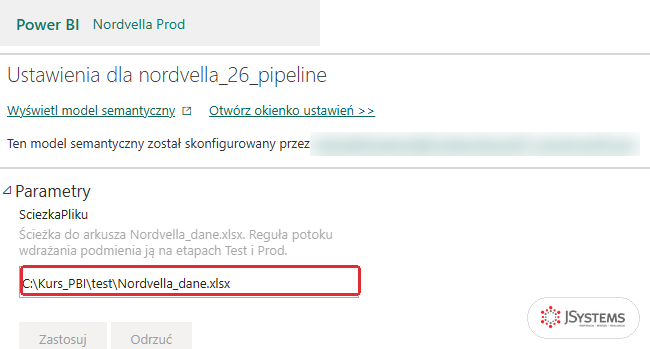 Ustawienia modelu nordvella_26_pipeline w obszarze Nordvella Prod: parametr SciezkaPliku z wartością C:\Kurs_PBI\test\Nordvella_dane.xlsx po pierwszym wdrożeniu