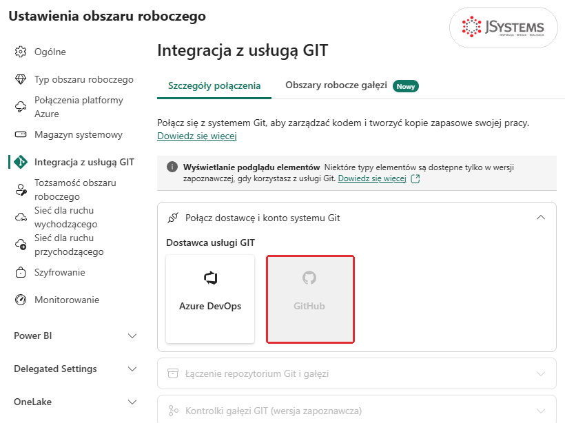 Ustawienia obszaru roboczego Nordvella Dev, sekcja Integracja z usługą GIT: wybór dostawcy Azure DevOps lub GitHub, kafelek GitHub wyszarzony