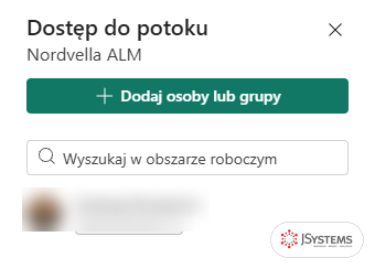 Panel Dostęp do potoku Nordvella ALM z przyciskiem Dodaj osoby lub grupy i jedną osobą z rolą Administrator