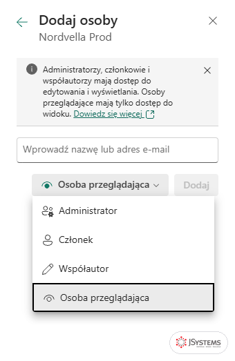 Panel Dodaj osoby w obszarze Nordvella Prod z listą ról Administrator, Członek, Współautor i Osoba przeglądająca