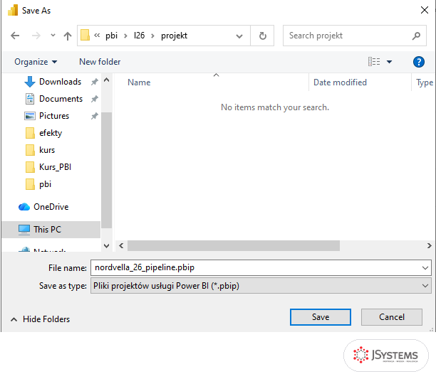 Okno zapisu kopii w Power BI Desktop z typem Pliki projektów usługi Power BI (*.pbip) i plikiem nordvella_26_pipeline.pbip