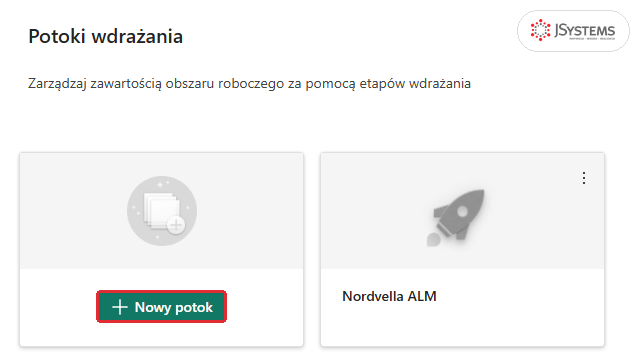 Strona Potoki wdrażania w usłudze Power BI z kafelkiem Nowy potok i istniejącym potokiem Nordvella ALM