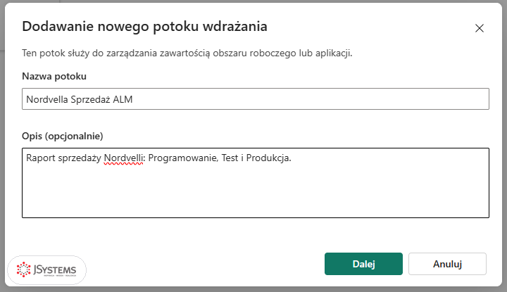 Okno Dodawanie nowego potoku wdrażania z nazwą Nordvella Sprzedaż ALM i opisem potoku