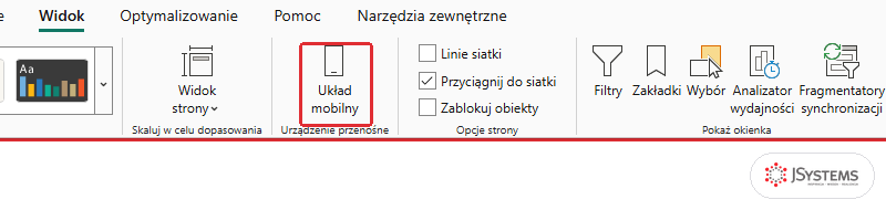 Karta Widok w Power BI Desktop z przyciskiem Układ mobilny w grupie Urządzenie przenośne