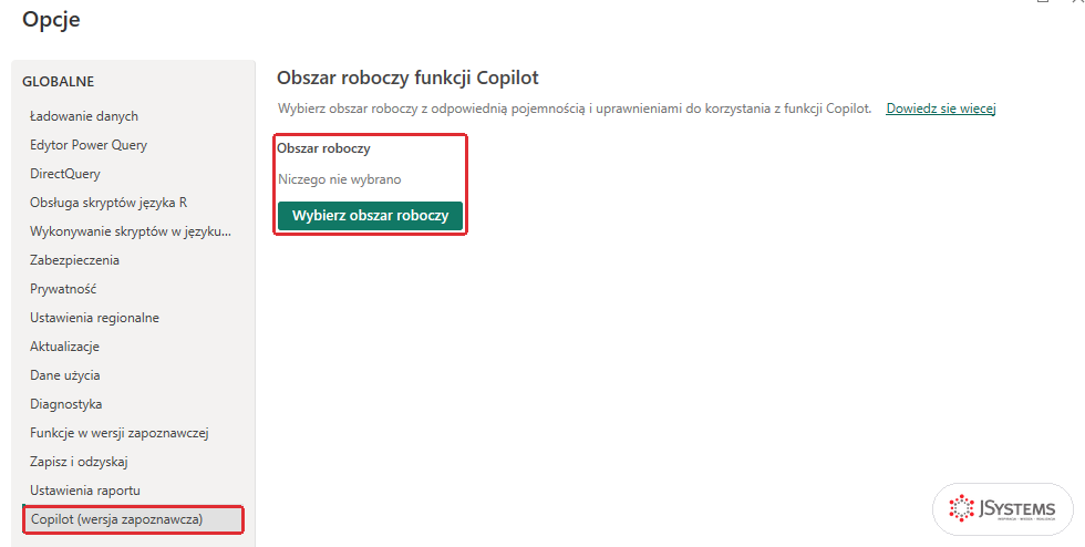 Opcje Power BI Desktop, sekcja Copilot (wersja zapoznawcza): Obszar roboczy funkcji Copilot, Niczego nie wybrano, przycisk Wybierz obszar roboczy