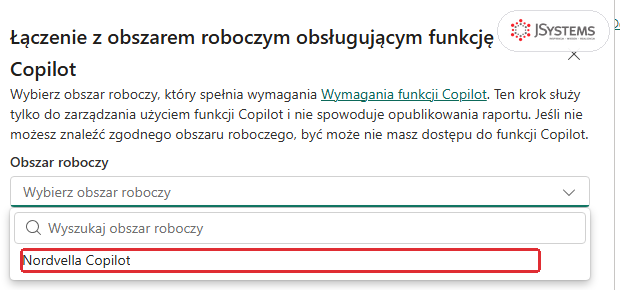 Okno Łączenie z obszarem roboczym obsługującym funkcję Copilot z listą zawierającą obszar Nordvella Copilot