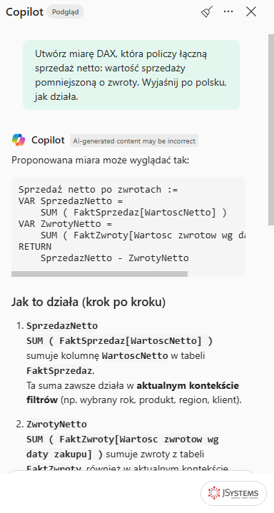 Panel Copilota w Power BI Desktop: polecenie po polsku i proponowana miara Sprzedaż netto po zwrotach ze zmiennymi SprzedazNetto i ZwrotyNetto oraz wyjaśnieniem
