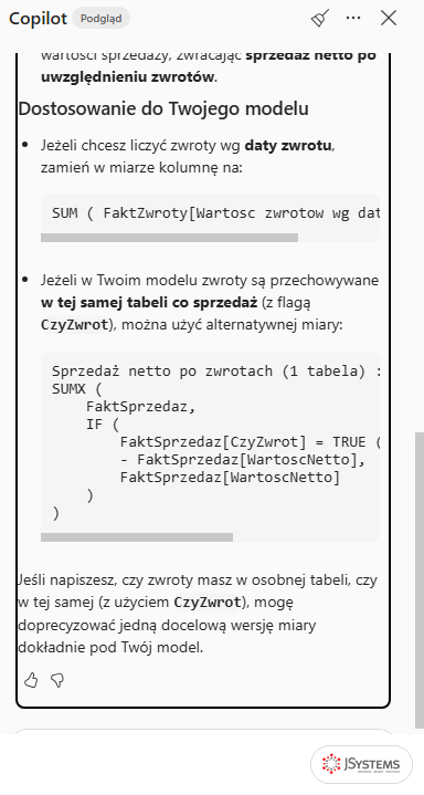 Panel Copilota z sekcją Dostosowanie do Twojego modelu: wariant miary liczony na tabeli FaktSprzedaz z flagą CzyZwrot